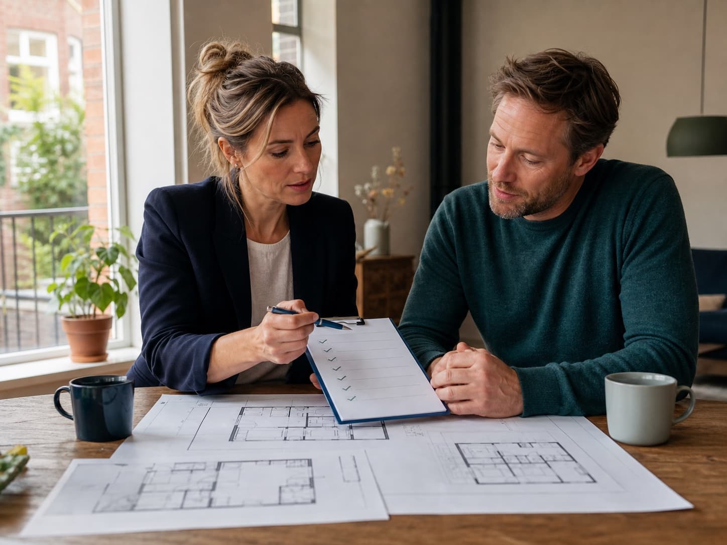 Bouwkundig specialist neemt met een woningeigenaar de checklist voor woningsplitsing door