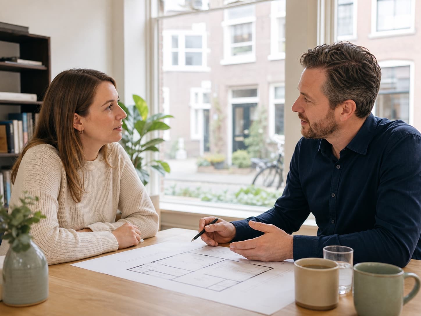 Woningeigenaar bespreekt haar vragen over woningsplitsing met een persoonlijk adviseur