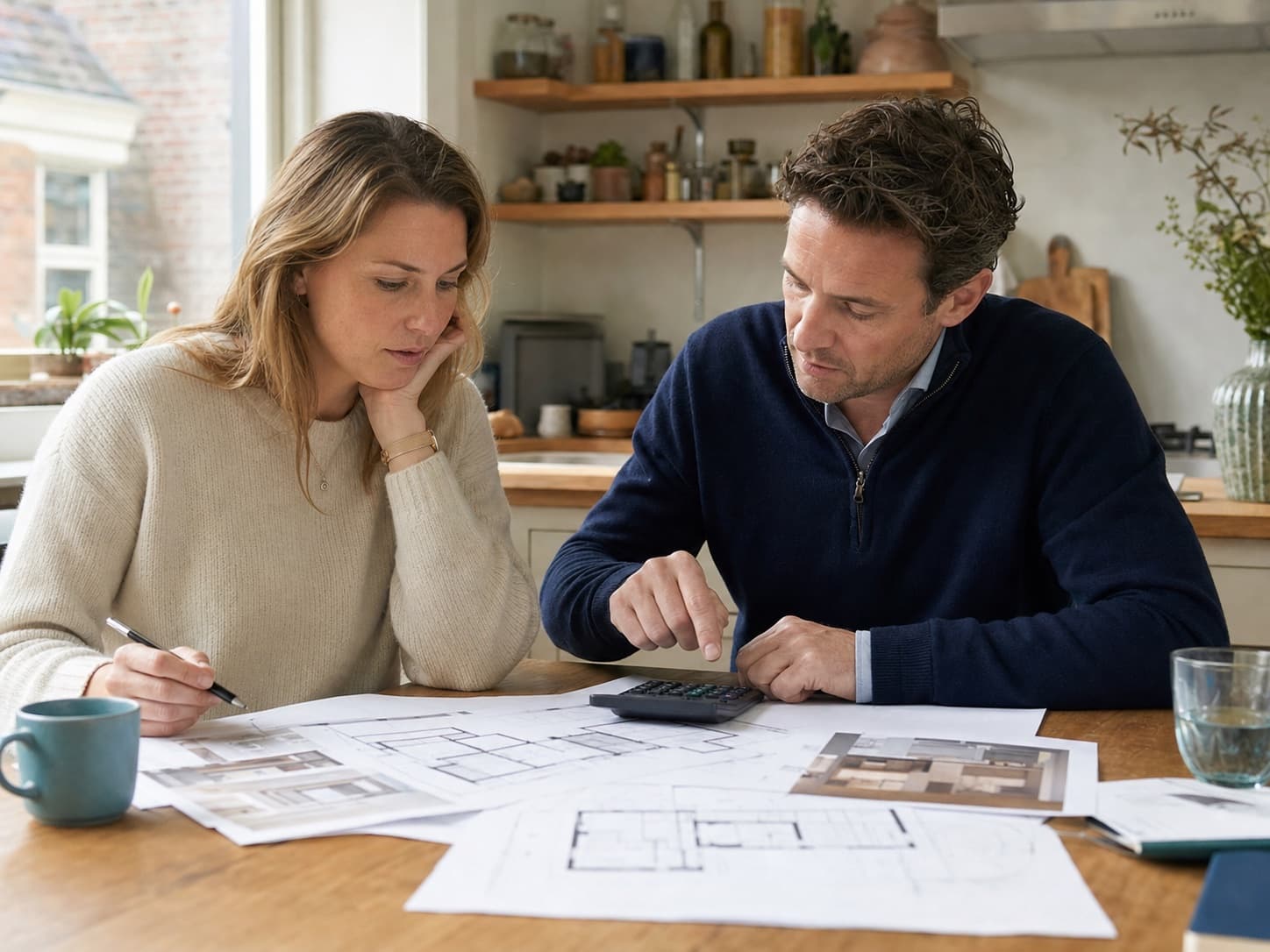 Woningeigenaar en adviseur berekenen de kosten en het rendement van woningsplitsing