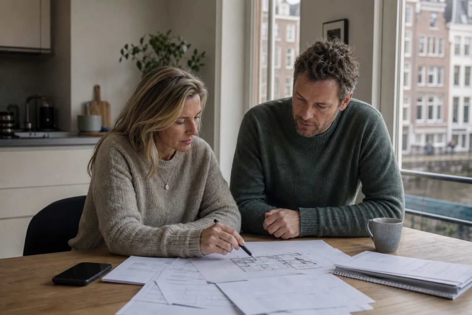 Eigenaren bespreken een splitsingsplattegrond aan tafel