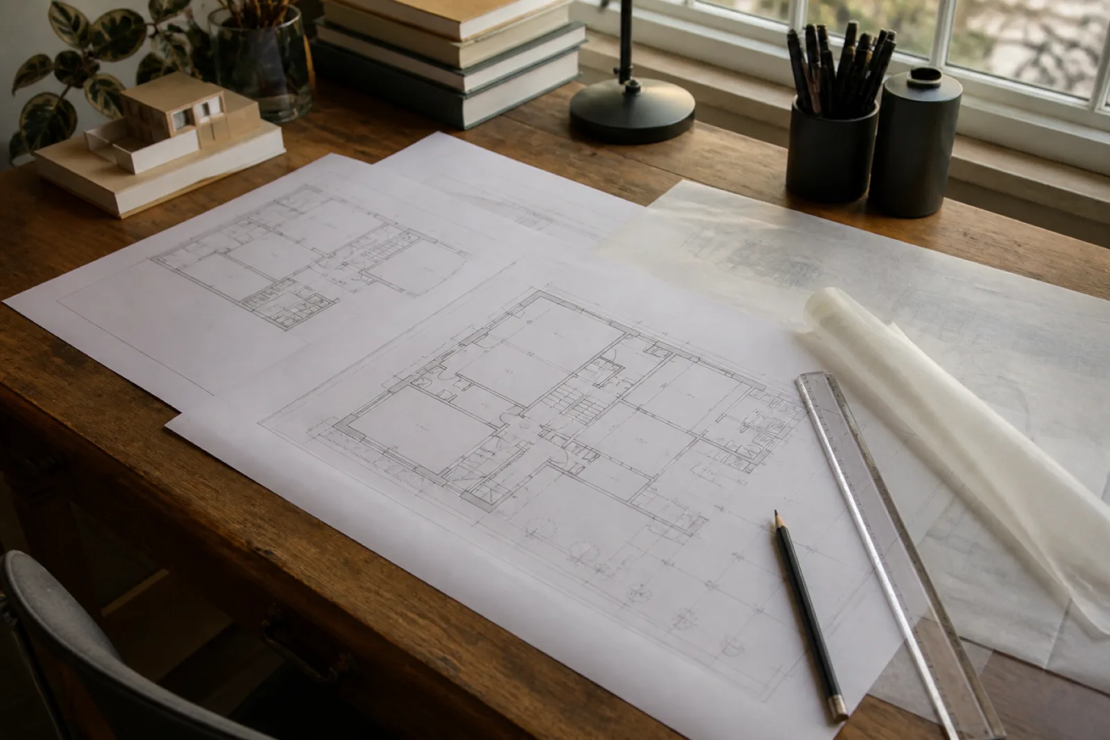 Plattegronden voor een woningsplitsing op een werktafel