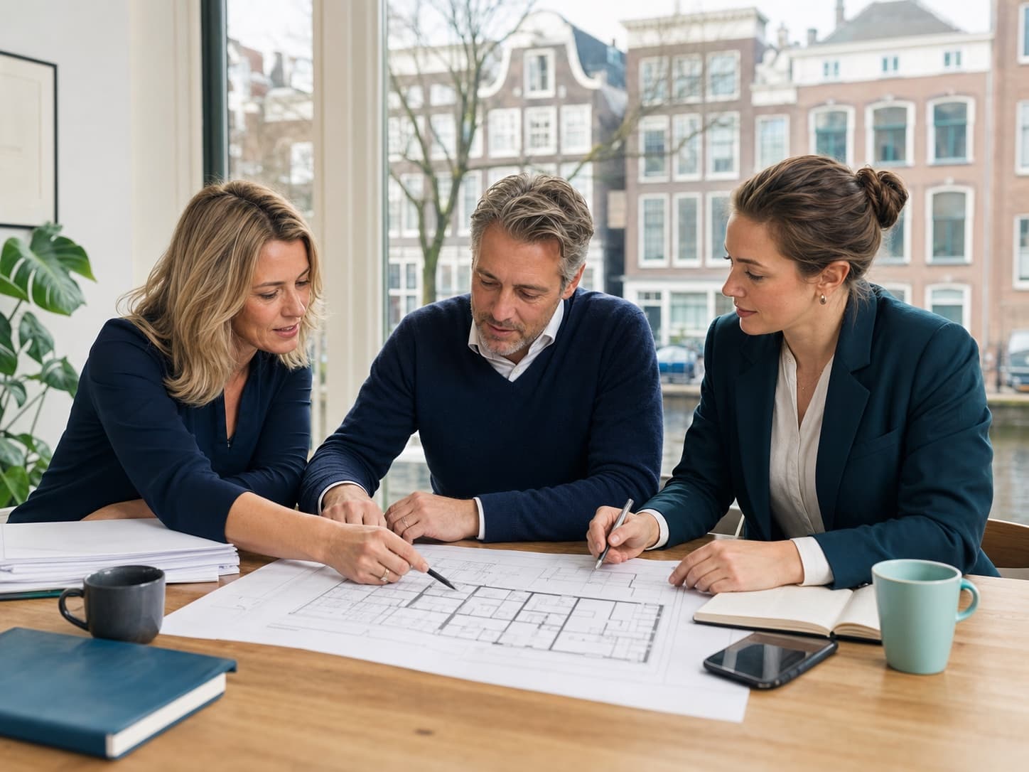 Bouwkundig adviseur, architect en jurist bespreken samen een plan voor woningsplitsing