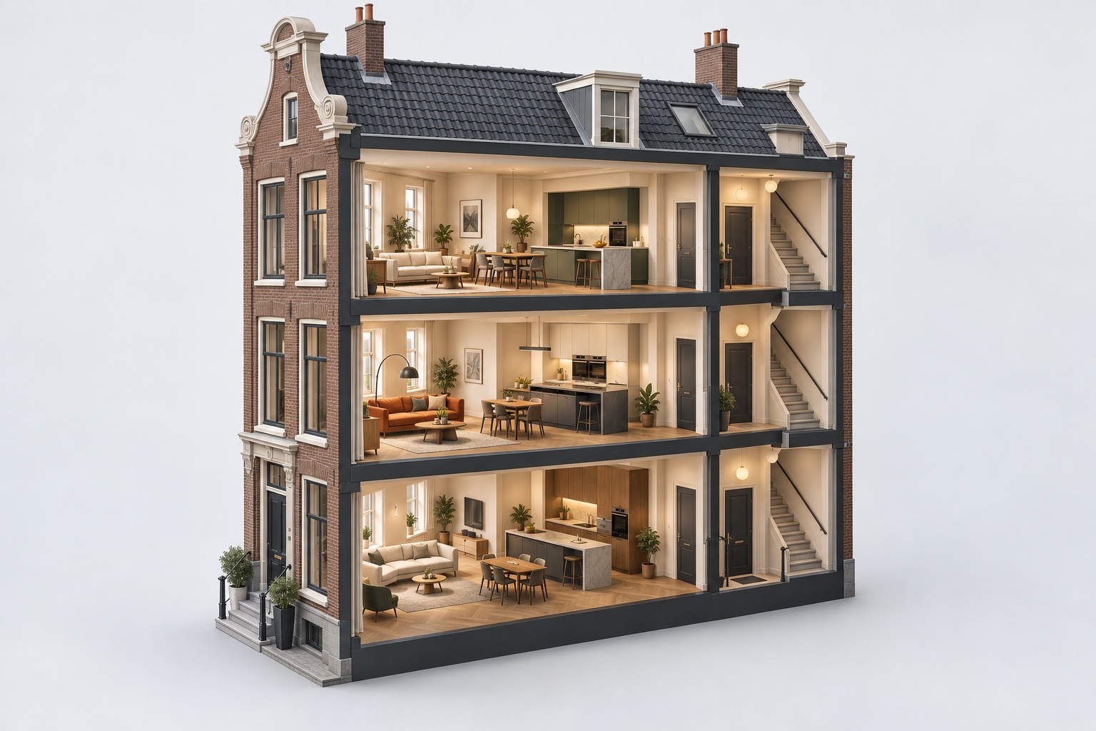 Doorsnede van een pand dat in drie woningen is gesplitst