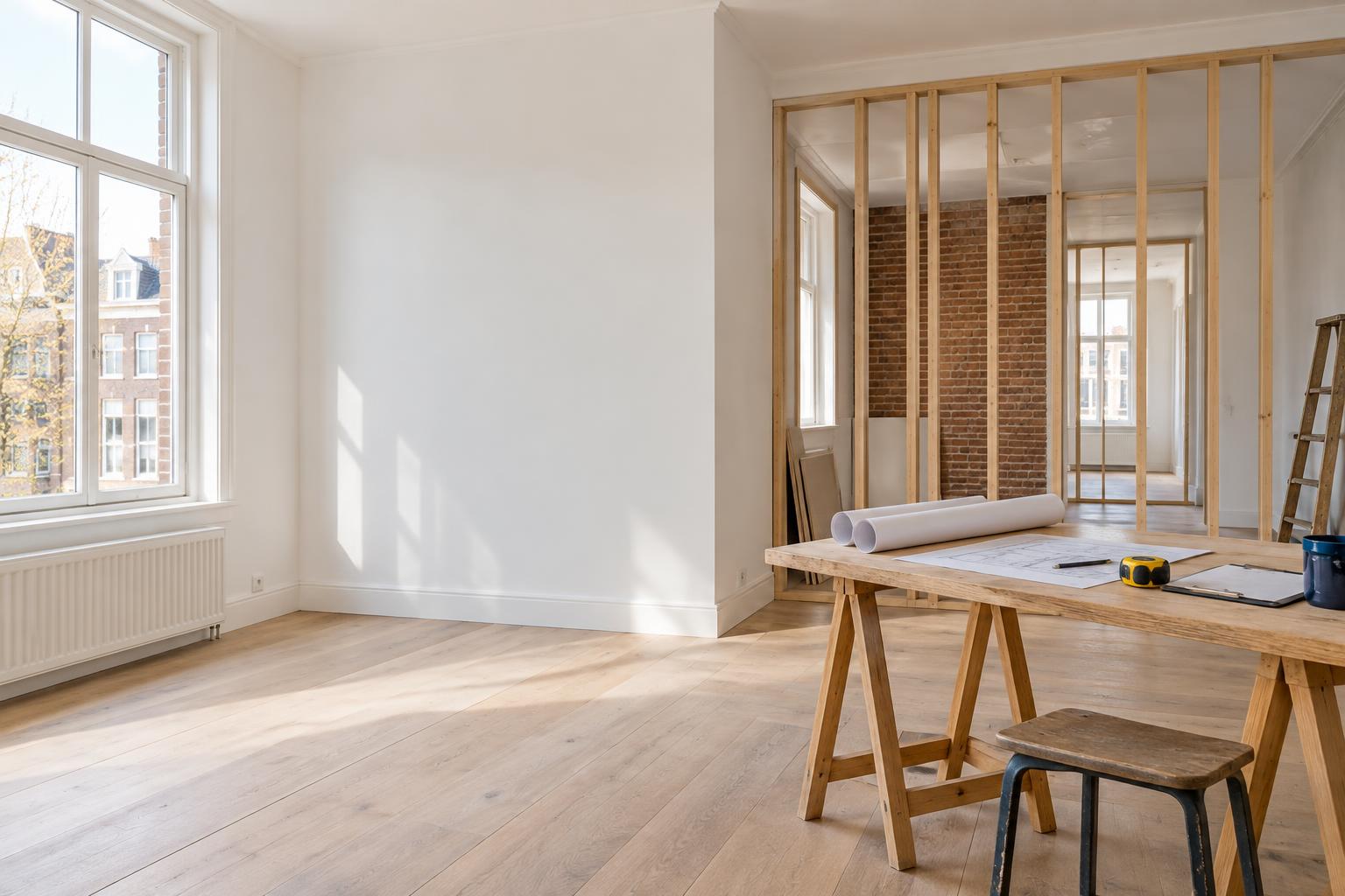 Tafel met plattegronden en een meetlint in een verdieping die wordt verbouwd