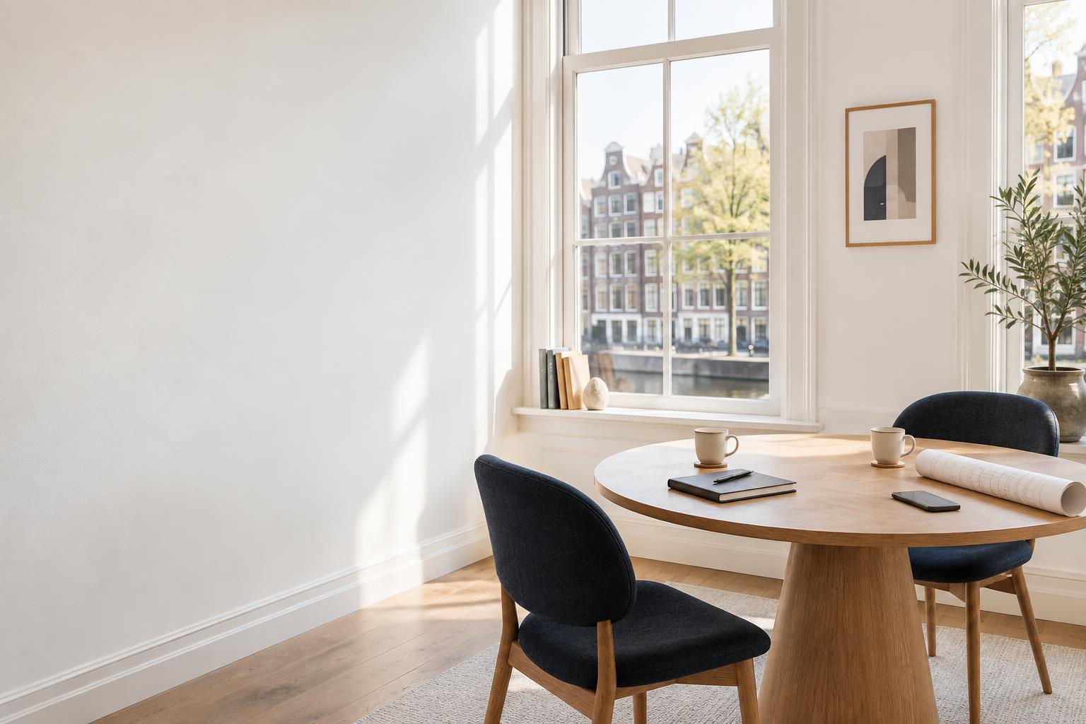 Lichte spreekkamer met een tafel klaar voor een persoonlijk gesprek