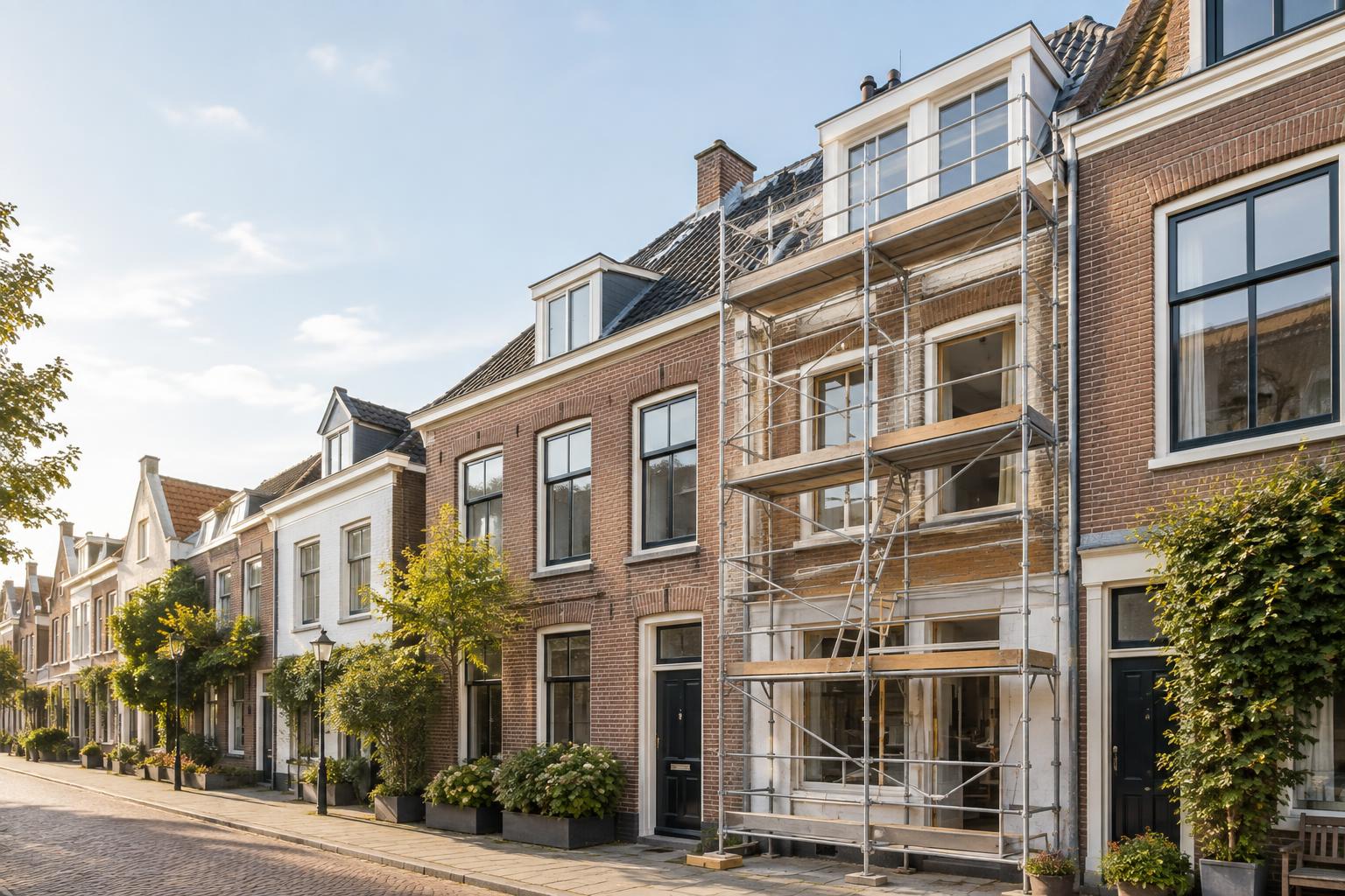 Bakstenen herenhuis in de steigers tijdens de verbouwing