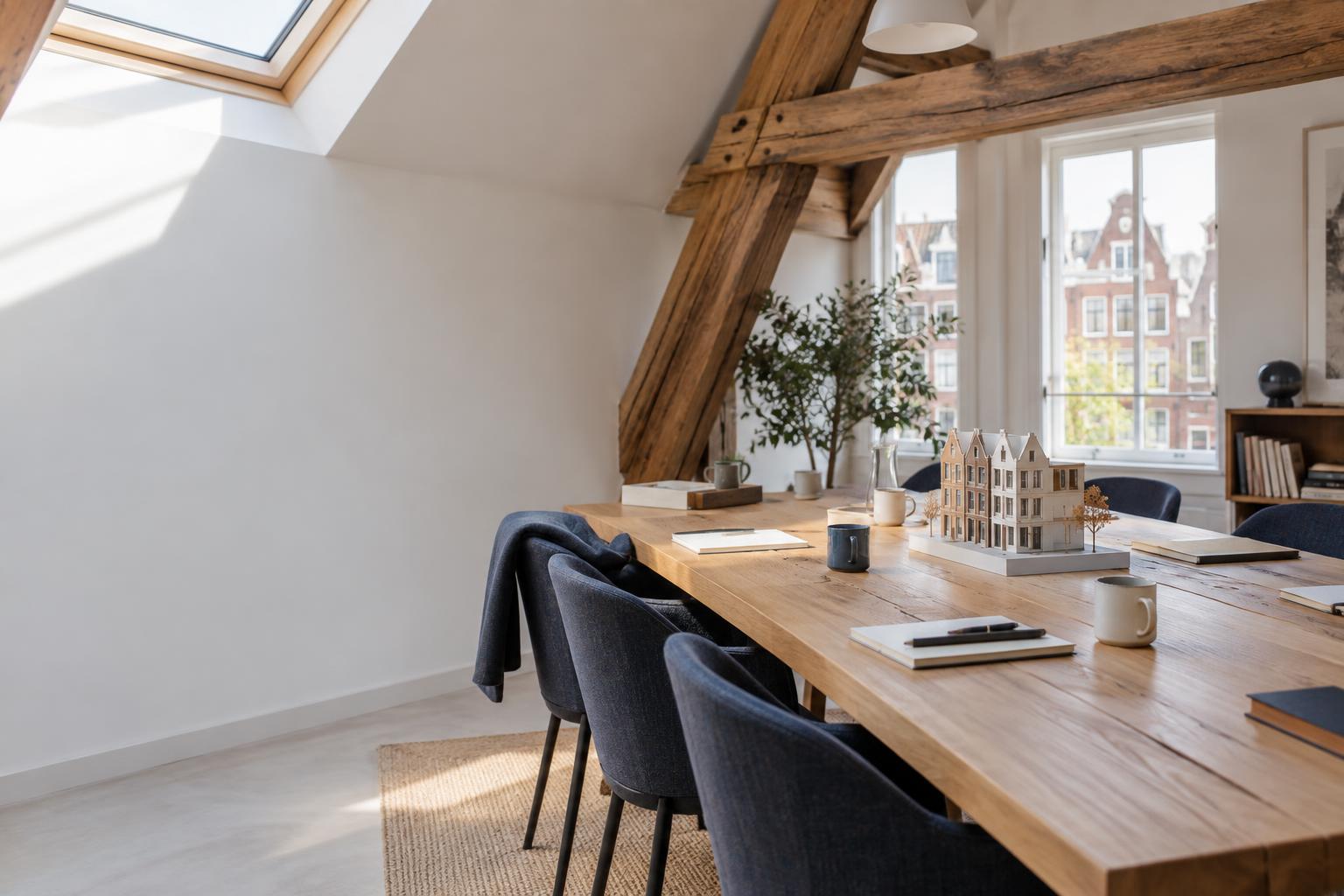 Lange eikenhouten tafel in een zolder aan de gracht, klaar voor een bijeenkomst over splitsbare panden