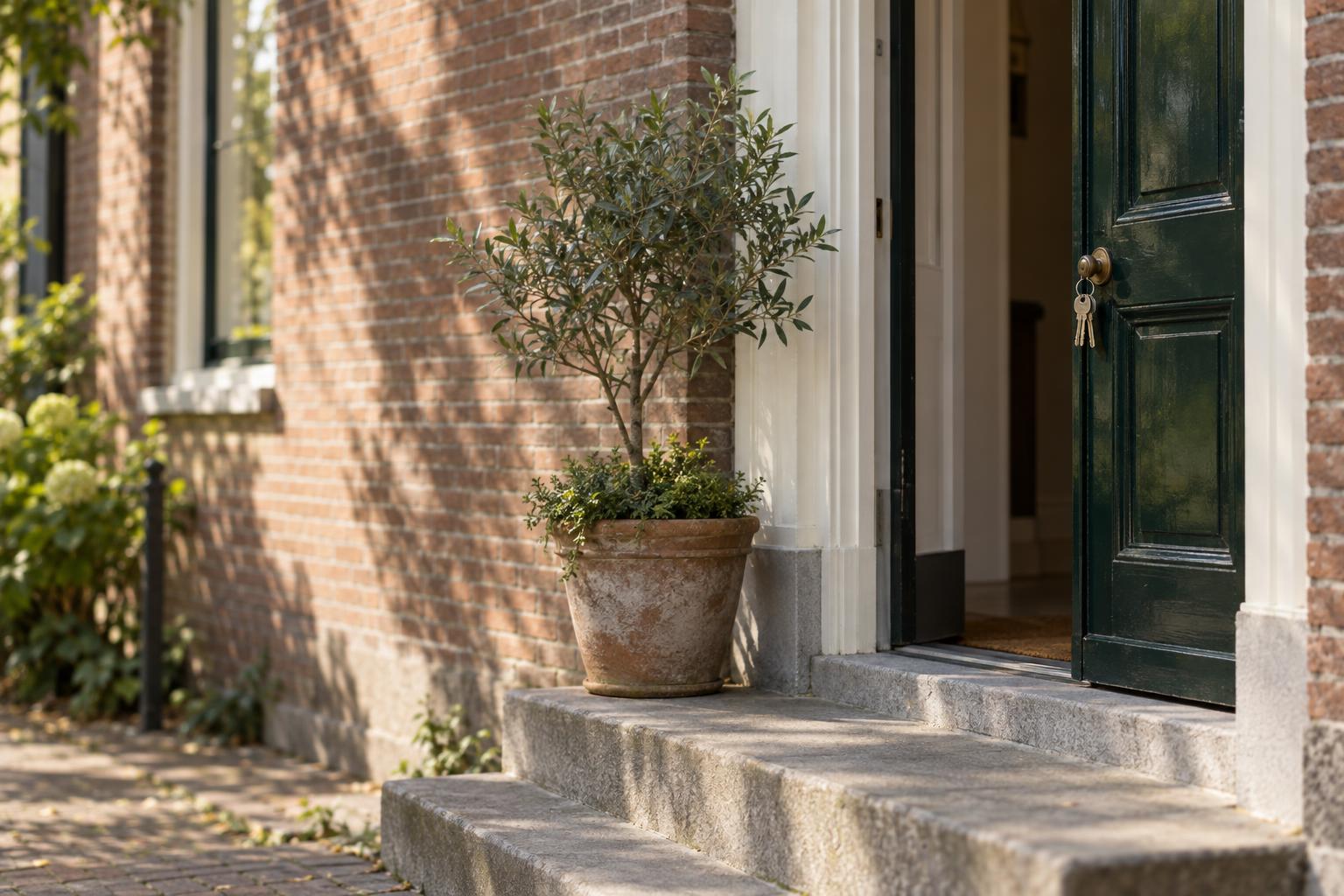 Open voordeur van een bakstenen herenhuis met de sleutels in het slot