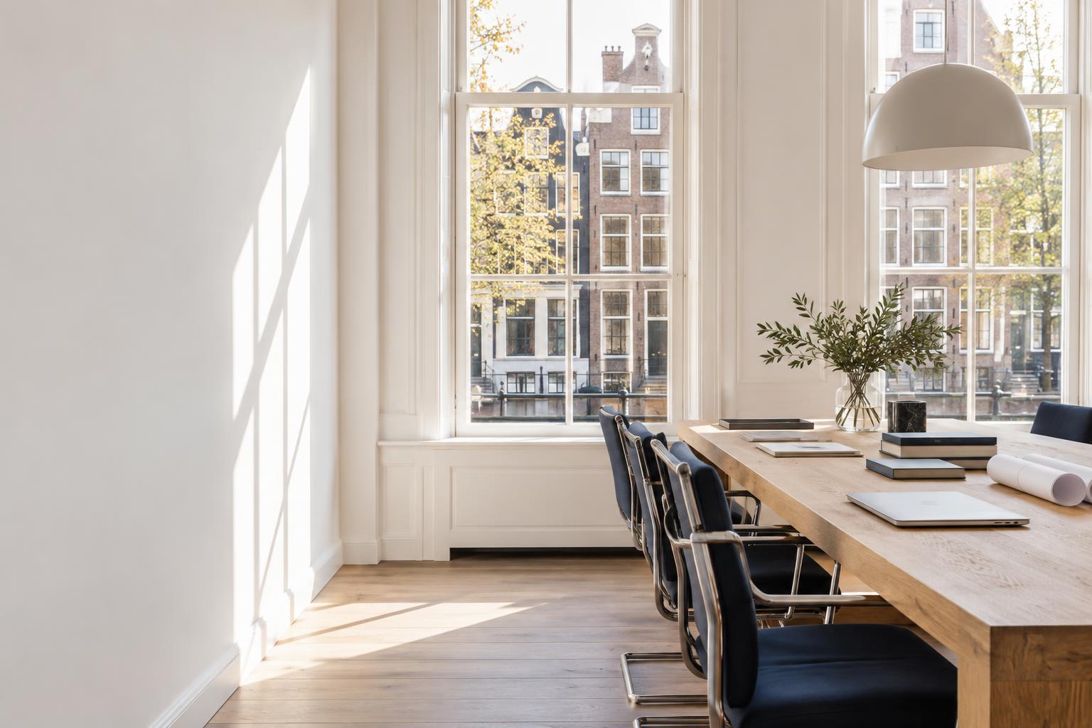 Lichte werkplek met plattegronden in een Nederlands grachtenpand