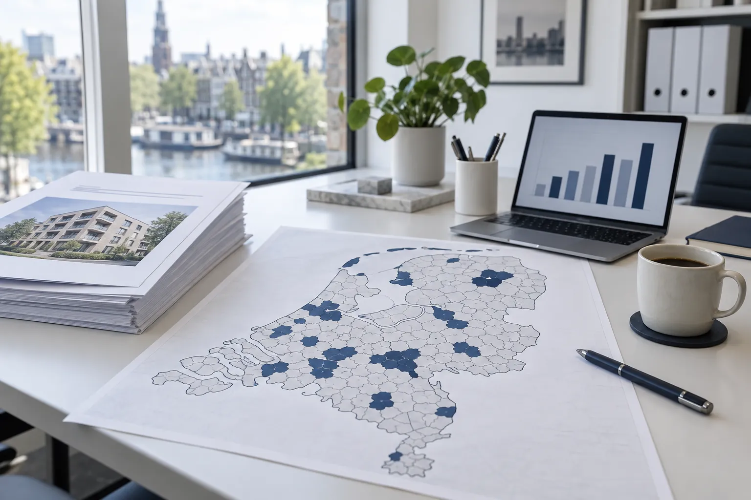 Bureau met een kaart van Nederland waarop gemeenten zijn gemarkeerd, naast een stapel vergunningsdossiers