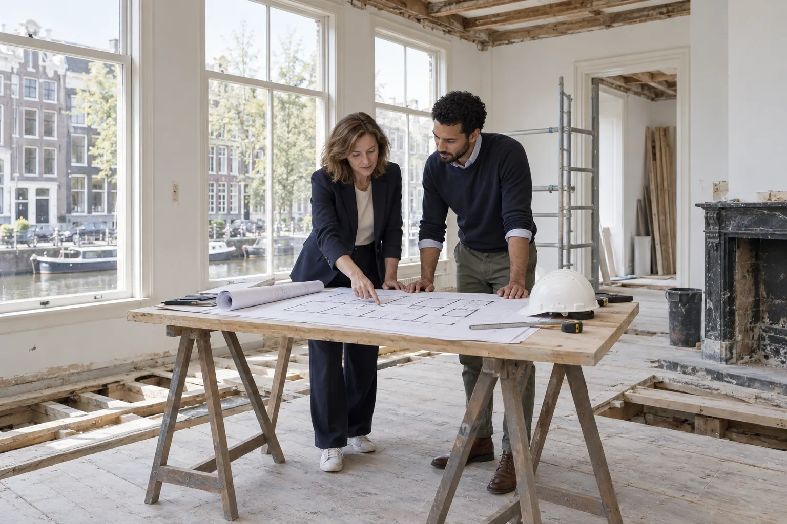 Architect en constructeur bespreken een plattegrond in een grachtenpand dat wordt verbouwd