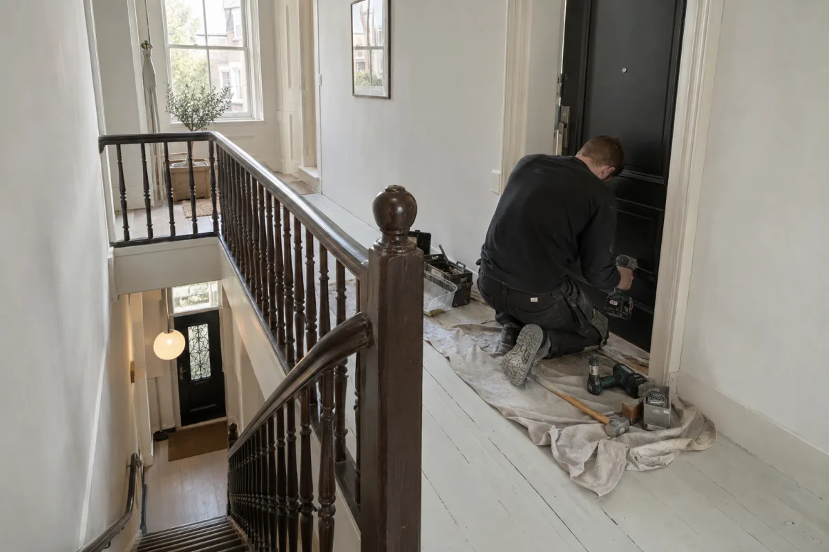 Aannemer plaatst een nieuwe voordeur van een appartement in het gedeelde trappenhuis van een grachtenpand