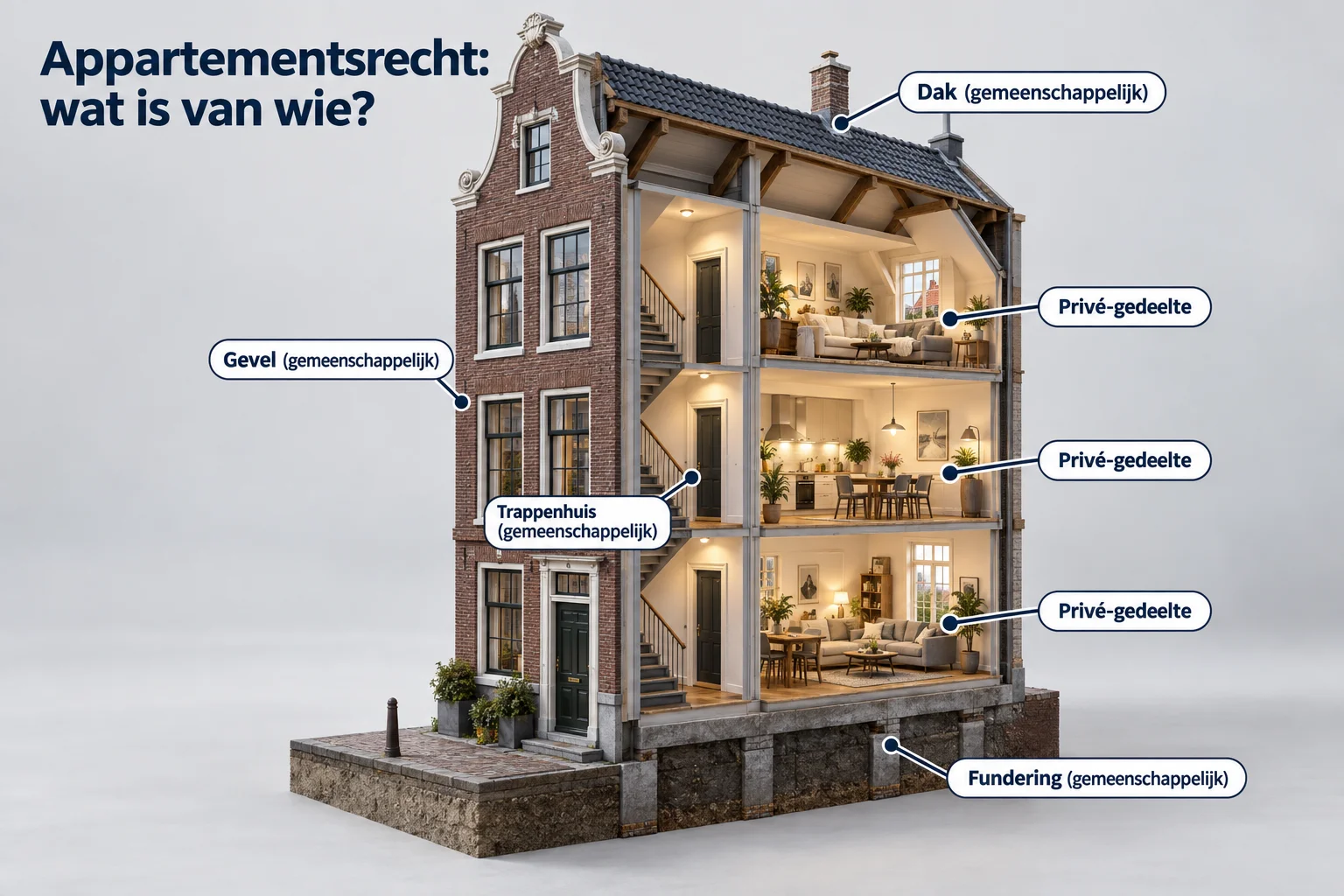 Infographic appartementsrecht: doorsnede van een grachtenpand met drie appartementen als privé-gedeelte; dak, gevel, trappenhuis en fundering zijn gemeenschappelijk