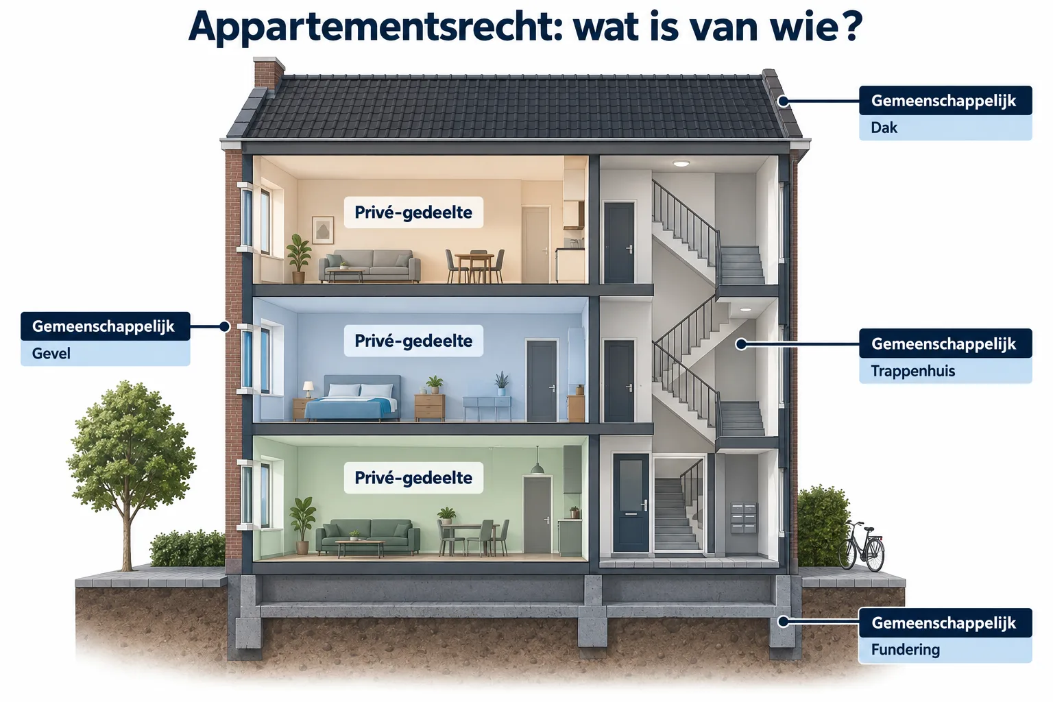 Infographic: doorsnede van een pand met drie privé-gedeelten; dak, gevel, trappenhuis en fundering zijn gemeenschappelijk
