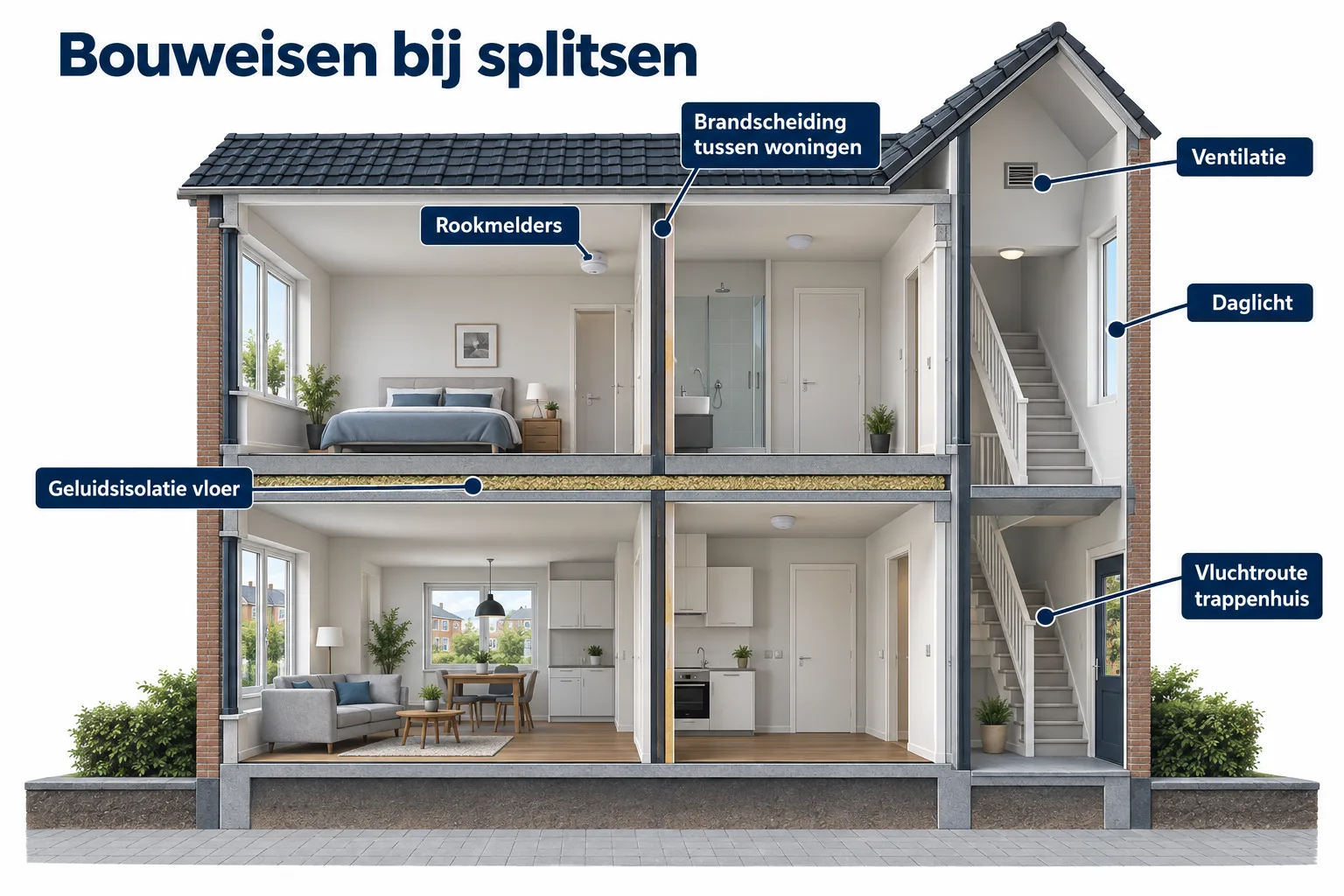 Infographic: doorsnede van twee woningen boven elkaar met brandscheiding, geluidsisolatie in de vloer, rookmelders, ventilatie, daglicht en vluchtroute via het trappenhuis