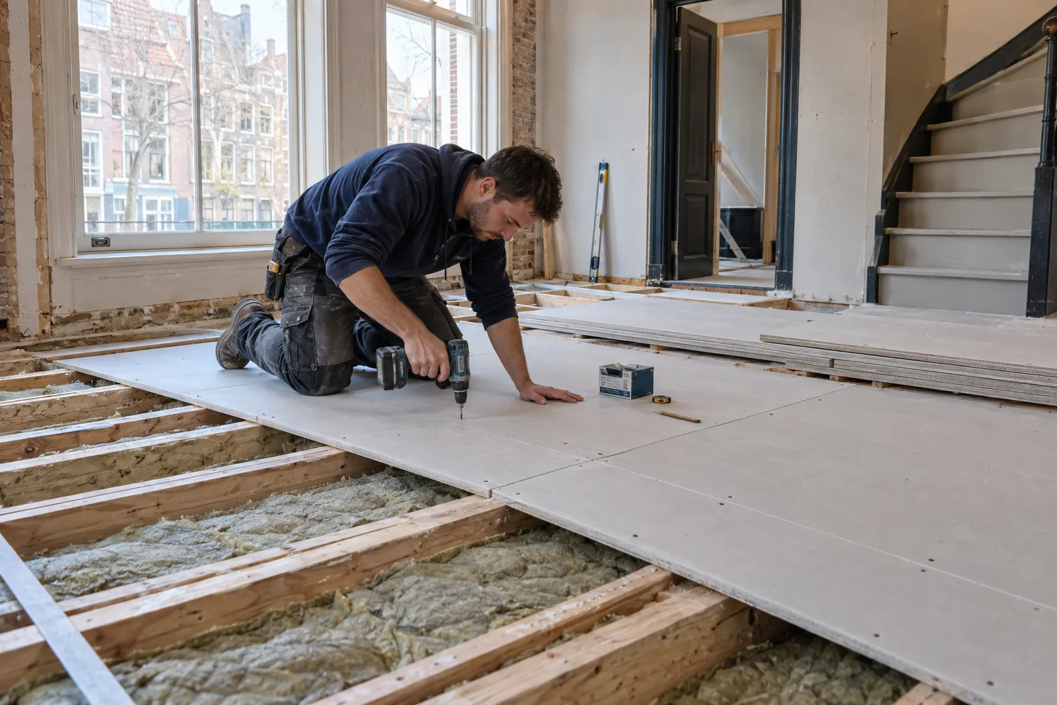 Aannemer brengt isolatie en platen aan in een houten verdiepingsvloer