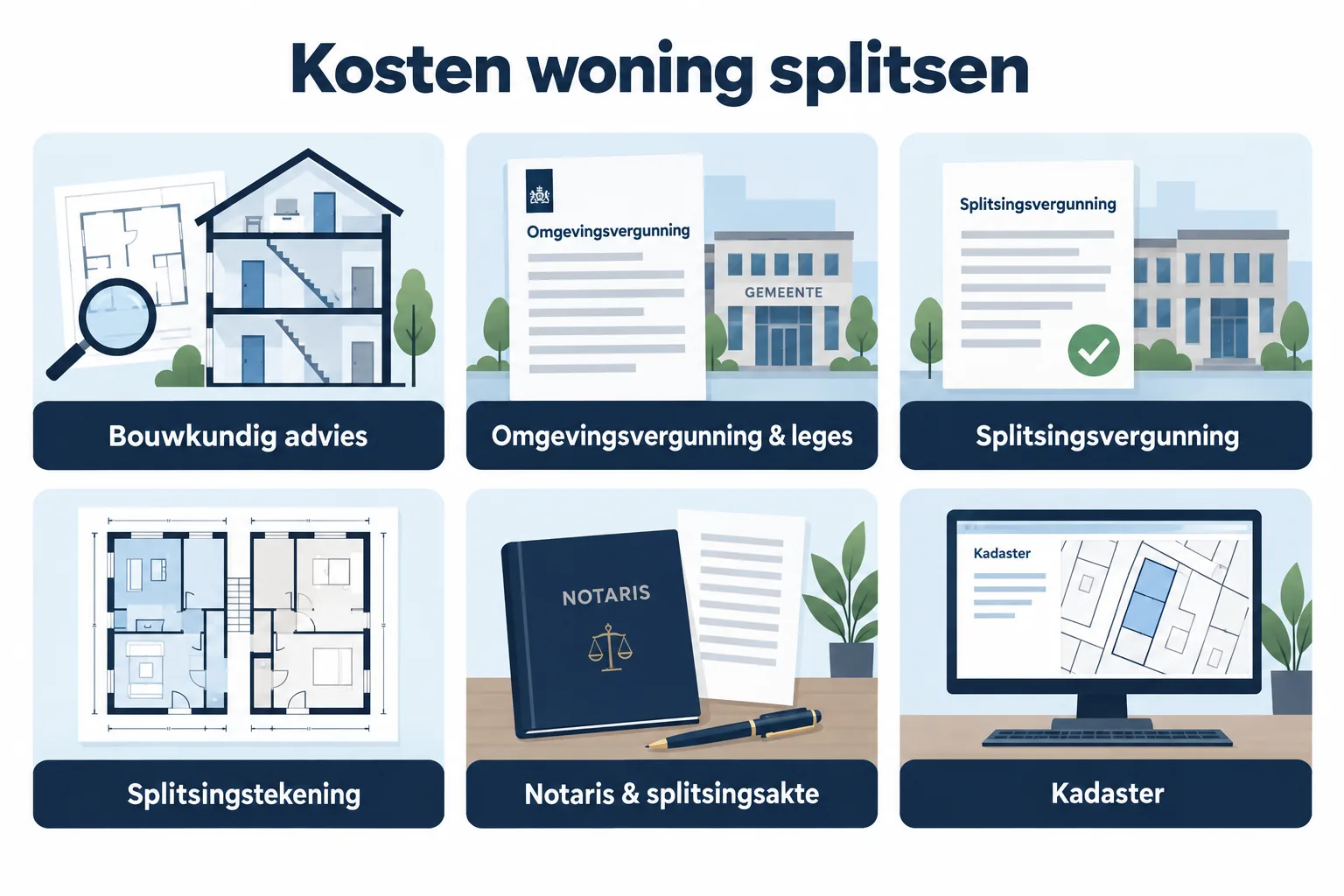 Infographic met de zes kostenposten van woning splitsen: bouwkundig advies, omgevingsvergunning en leges, splitsingsvergunning, splitsingstekening, notaris en splitsingsakte, Kadaster