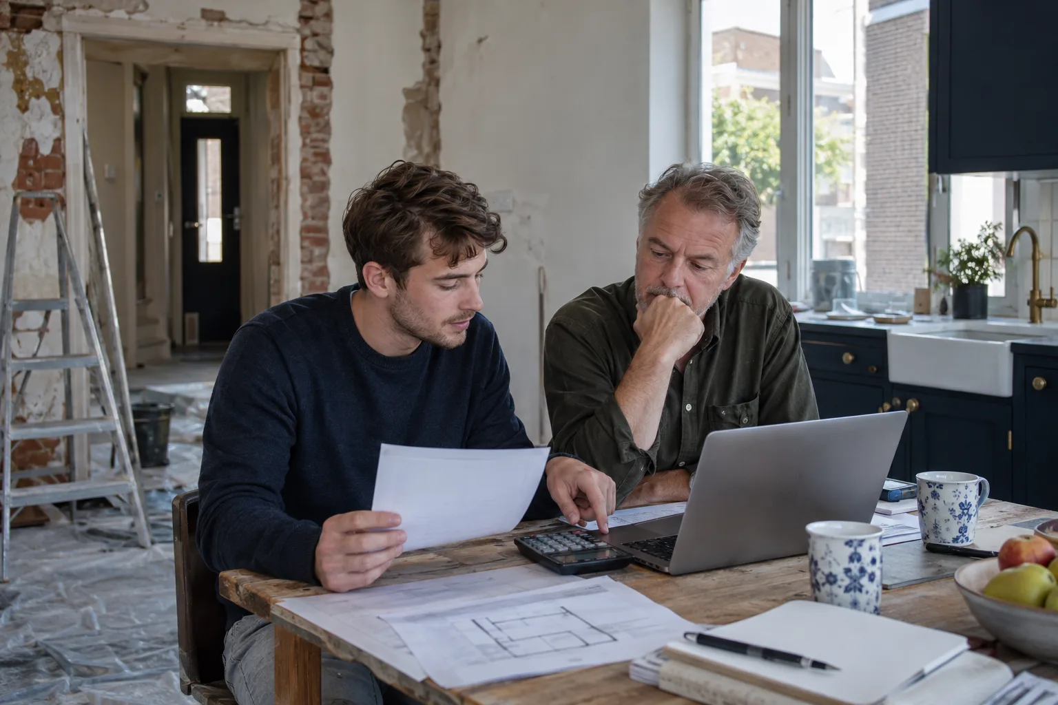 Twee investeerders nemen een verbouwingsbegroting door aan de keukentafel