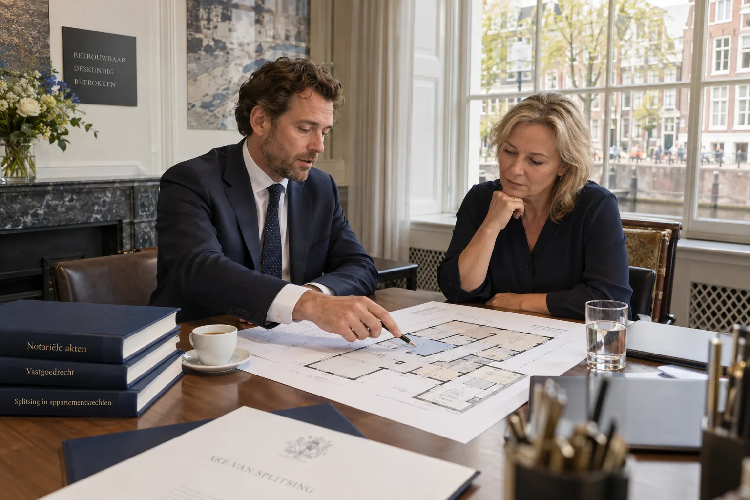 Notaris bespreekt een splitsingstekening met een eigenaar van een grachtenpand