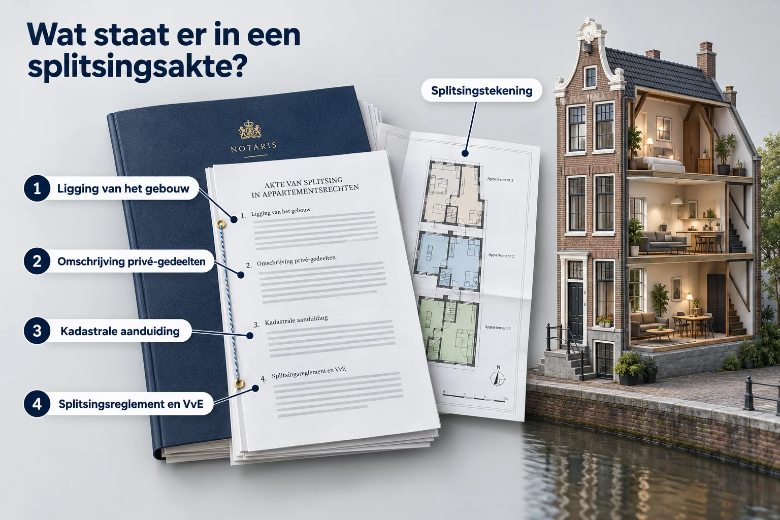 Infographic: wat staat er in een splitsingsakte? 1 ligging van het gebouw, 2 omschrijving privé-gedeelten, 3 kadastrale aanduiding, 4 splitsingsreglement en VvE, plus de splitsingstekening