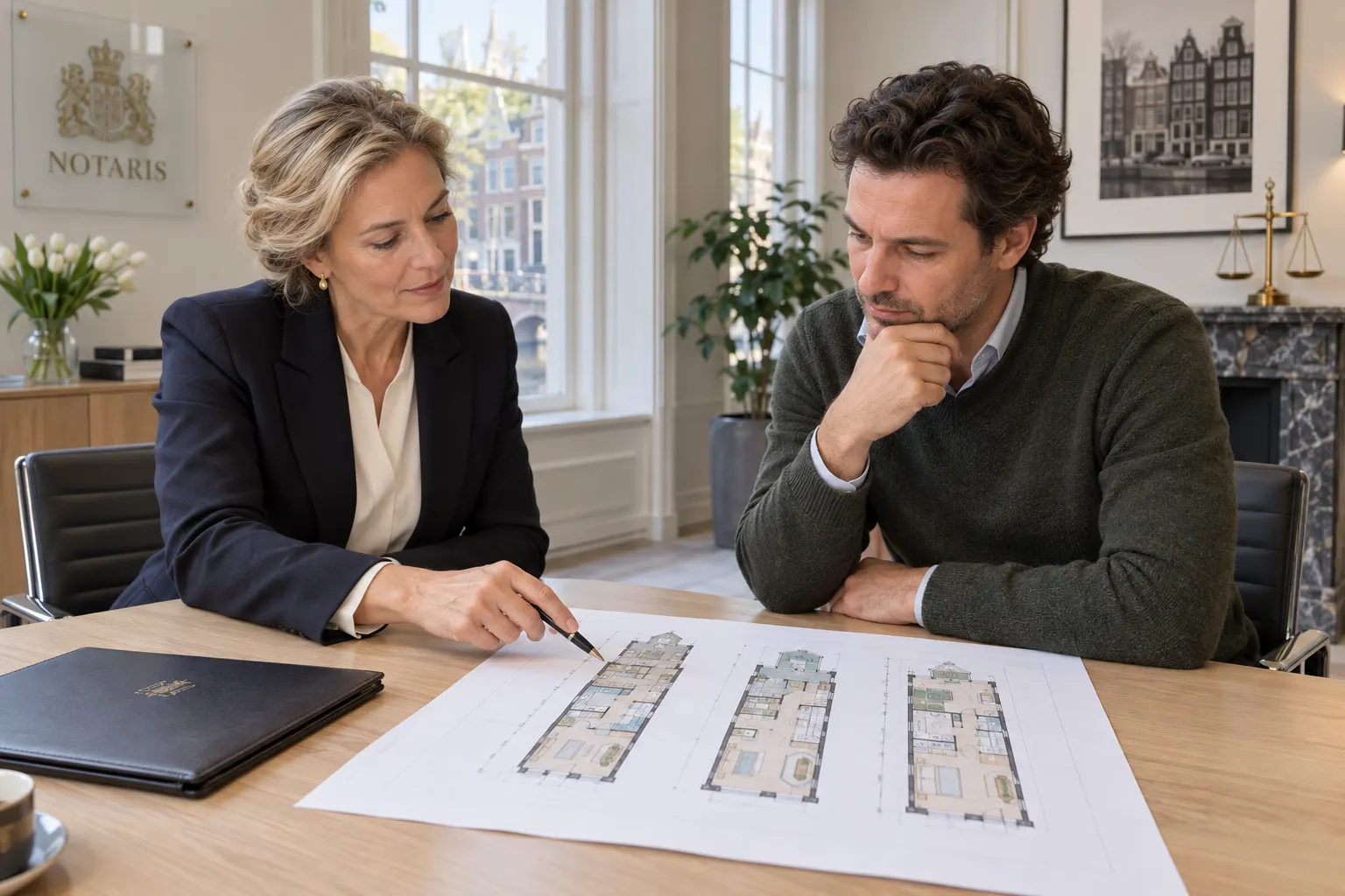 Notaris bespreekt een splitsingstekening met een woningeigenaar aan tafel
