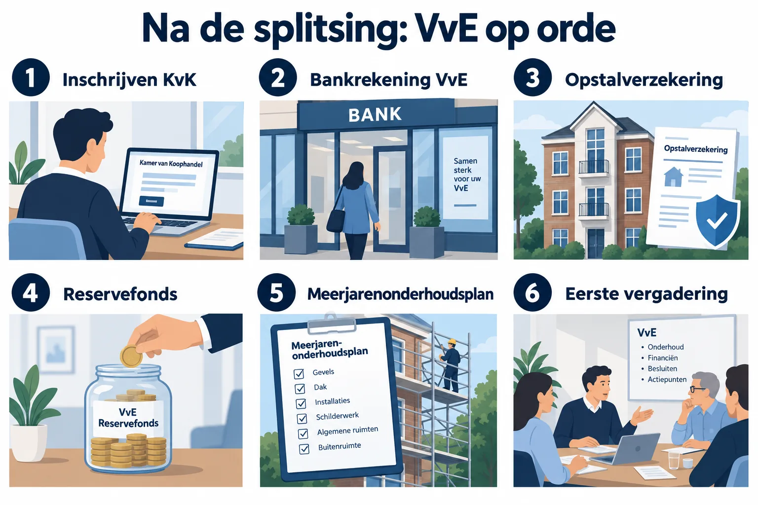Infographic met zes stappen na de splitsing: inschrijven KvK, bankrekening VvE, opstalverzekering, reservefonds, meerjarenonderhoudsplan, eerste vergadering