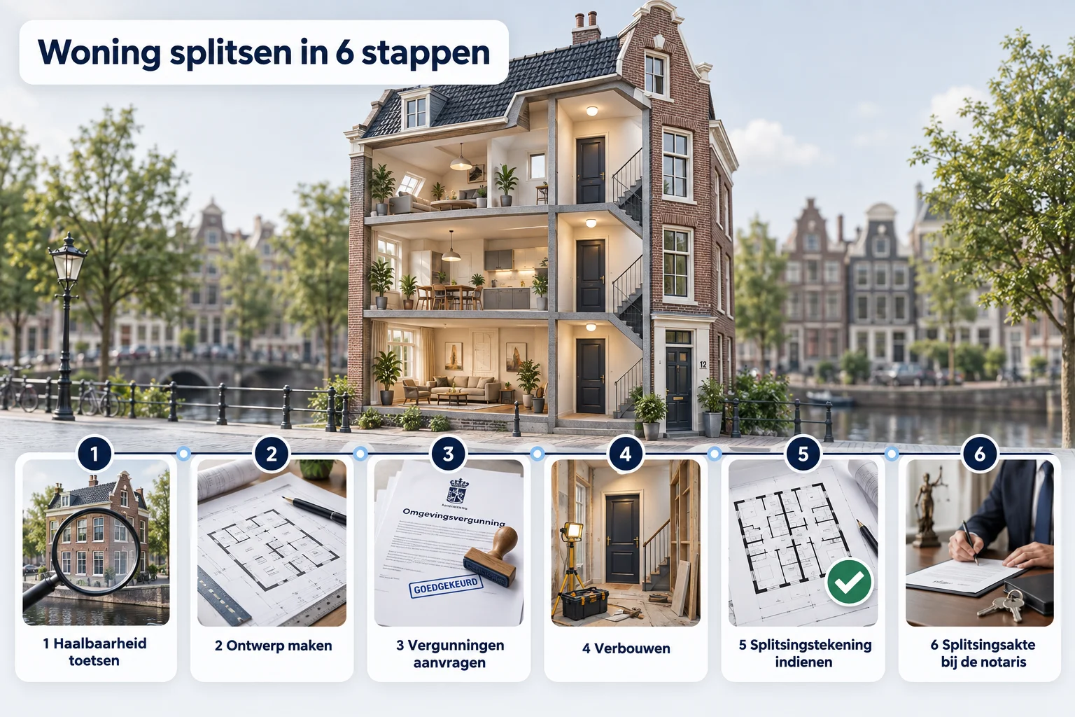 Infographic woning splitsen in 6 stappen: haalbaarheid toetsen, ontwerp maken, vergunningen aanvragen, verbouwen, splitsingstekening indienen, splitsingsakte bij de notaris