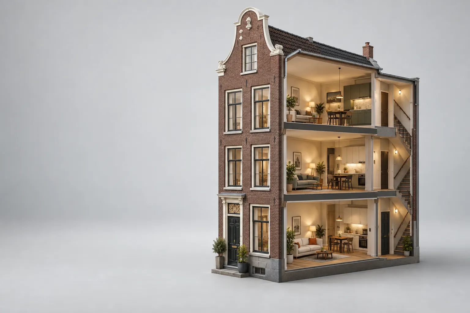 Doorsnede van een pand dat in zelfstandige appartementen is gesplitst